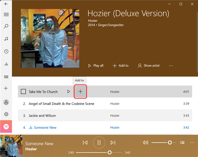 Click or tap on the plus sign next to a song name to add it to the playlist
