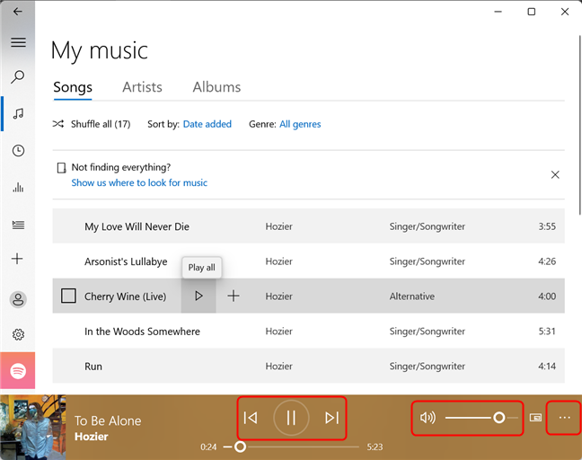 The media control buttons in the Groove Music app