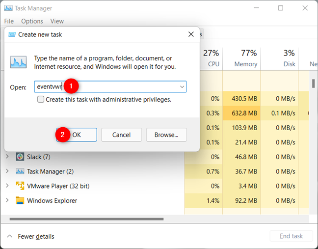 Use the Event Viewer command from the Task Manager in Windows 10 and Windows 11