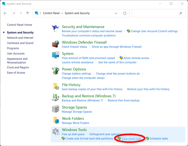 Access the Event Viewer from the Control Panel in Windows 11