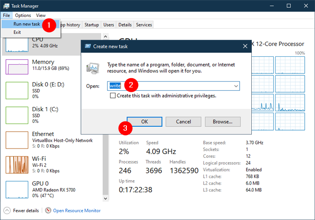 How to open WordPad from Task Manager