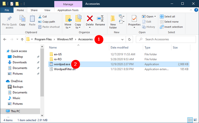 The wordpad.exe file is found in Program Files - Windows NT - Accessories