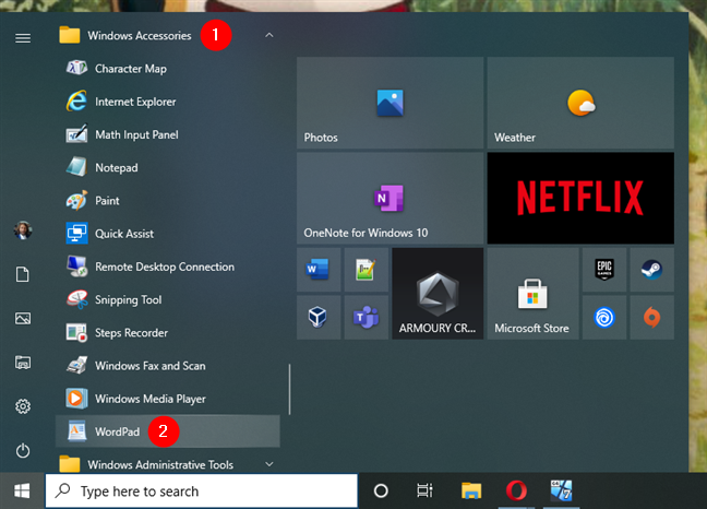 Open WordPad in Windows 10 from the Start Menu