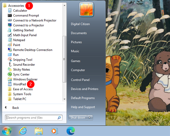 Open WordPad in Windows 7 from the Start Menu