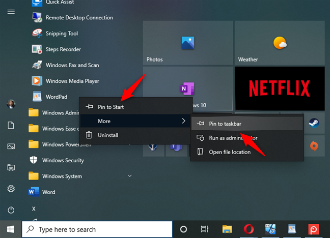 Pin WordPad to Start or to the taskbar in Windows 10