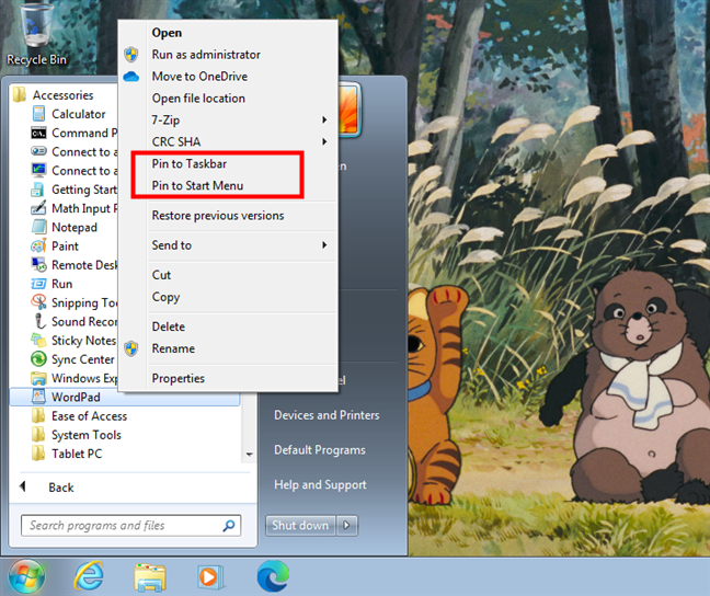 Pin to Taskbar and Pin to Start Menu for WordPad in Windows 7