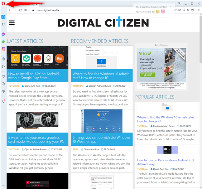 Click the Opera icon in the top-left