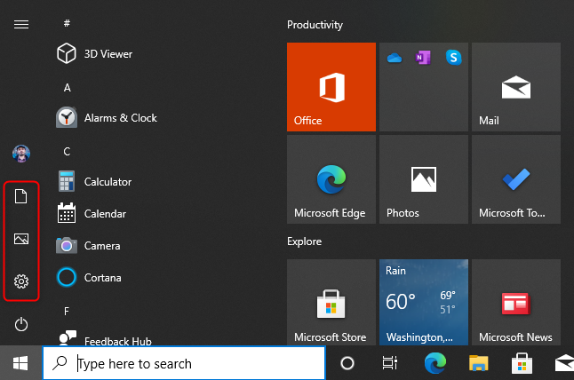 The default folders on the Windows 10 Start Menu