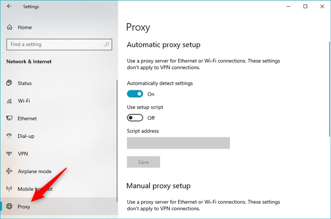 The Windows 10 proxy settings are found in Settings' Proxy section