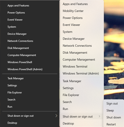 The WinX or Power User menu in Windows 10 and Windows 11