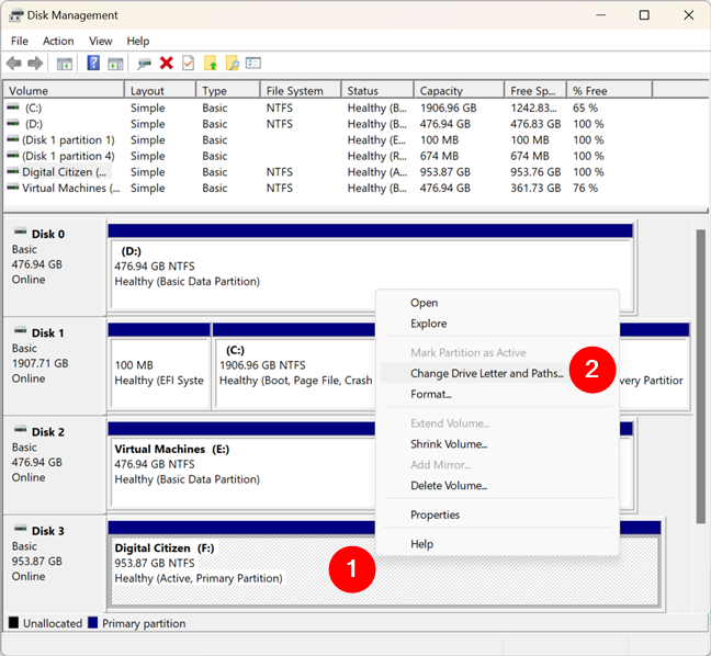 Right-click the drive and select Change Drive Letter and Paths