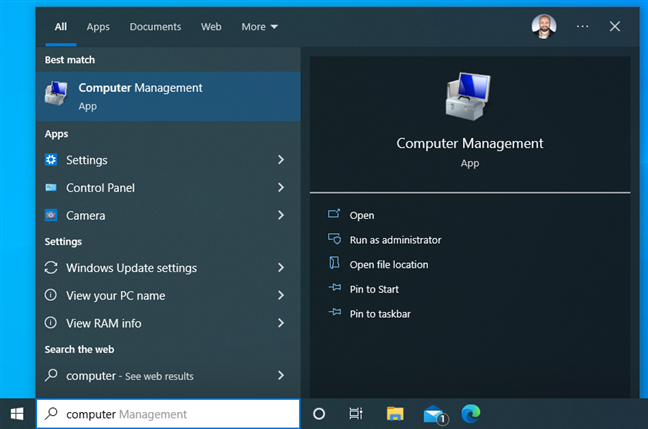 In Windows 10, search for Computer Management
