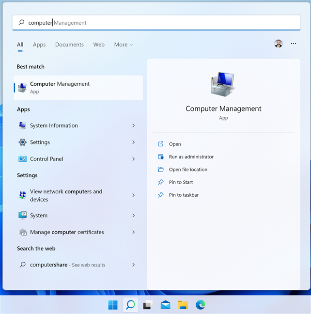 In Windows 11, search for Computer Management