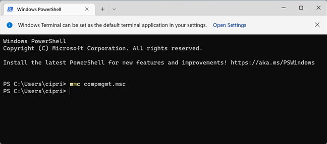 Run mmc compmgmt.msc in CMD, PowerShell, or Terminal