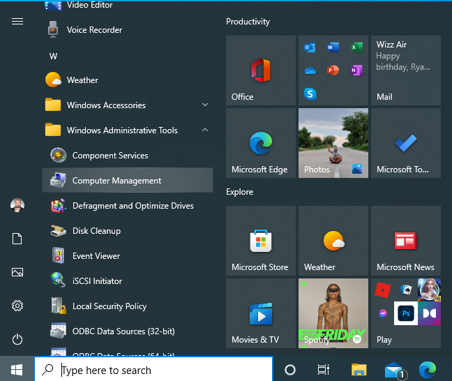 Open Computer Management from the Windows 10 Start Menu