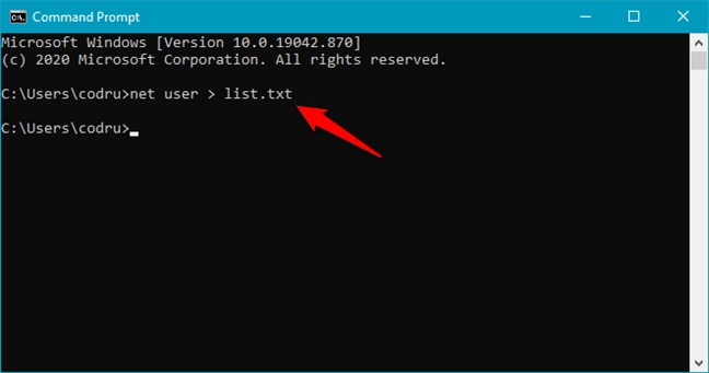 Save the net list of users to a file using net user > filename.txt 