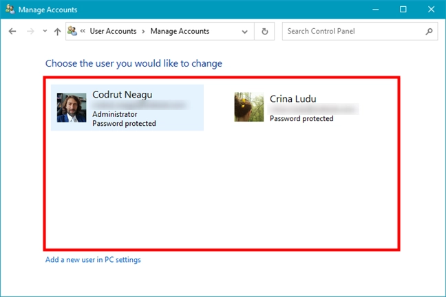 Control Panel shows the list of users on a Windows computer
