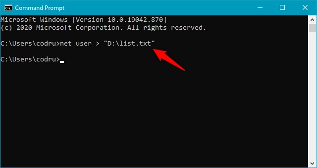 Export the CMD list of users to a file at a specified location