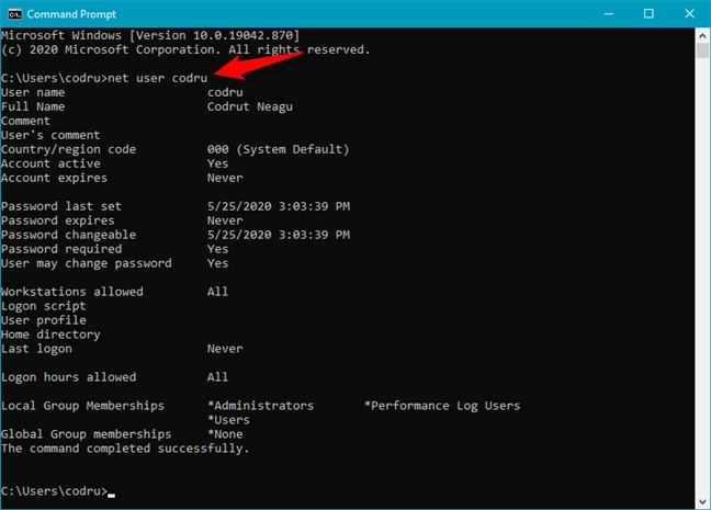 Getting details about a user account in CMD, using the net user command