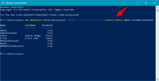 Get-WmiObject Win32_UserAccount -filter “LocalAccount=True” | Select-Object Name,FullName,Disabled