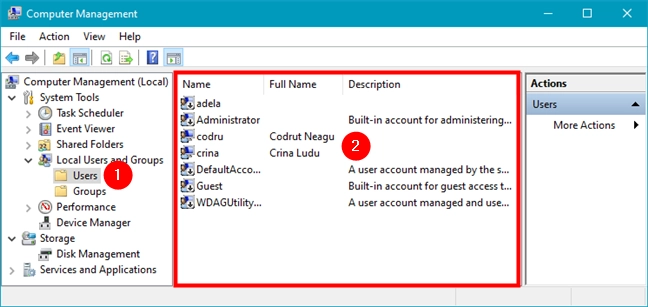 Windows list of users displayed in Computer Management