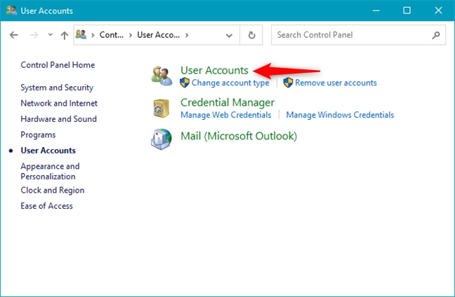 Opening the User Accounts settings