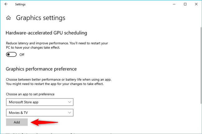 Add a Microsoft Store app for which to force the graphics card used