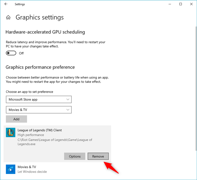 Removing the GPU preference for a game in Windows 10