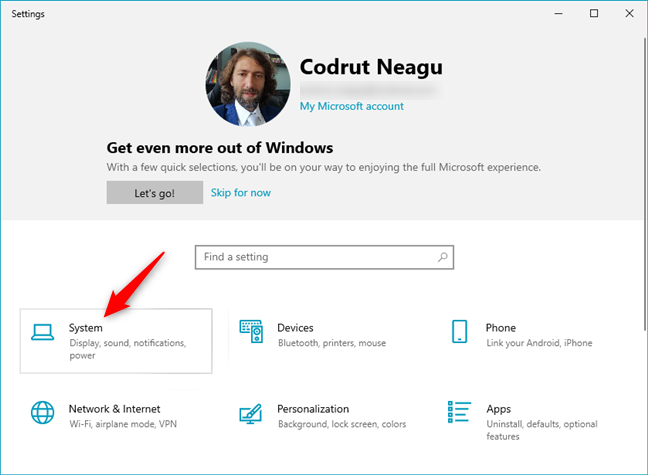 The System category in Windows 10's Settings