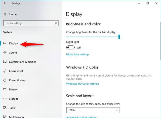 The Display settings from Windows 10