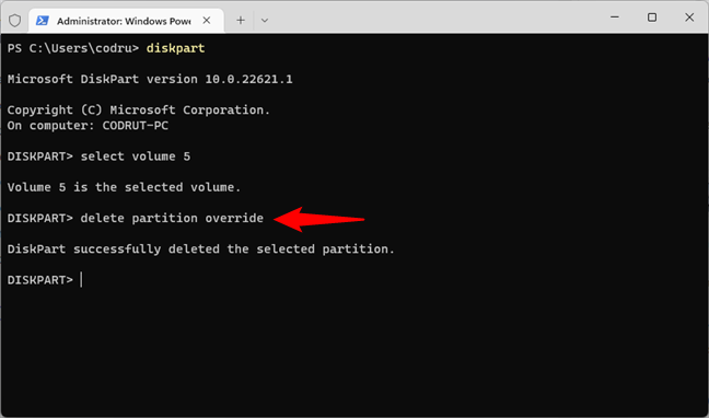 Delete a partition by force with DiskPart