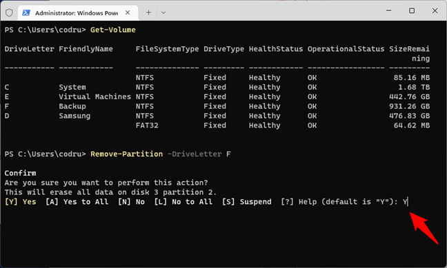 Confirm that you want to delete the partition