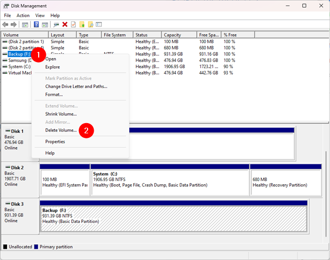 Choose Delete Volume for a partition in Disk Management