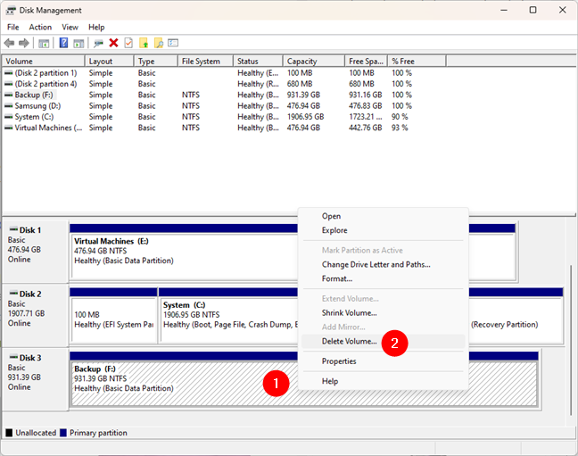 Choose Delete Volume at the bottom section of Disk Management