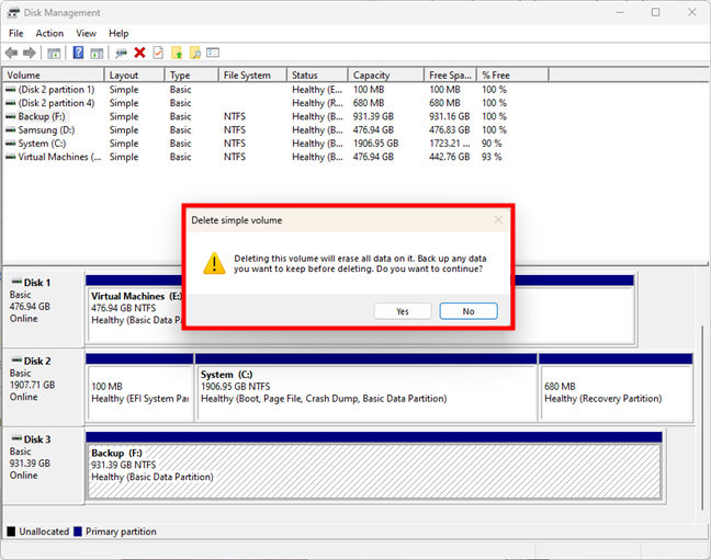 Deleting a partition with Disk Management