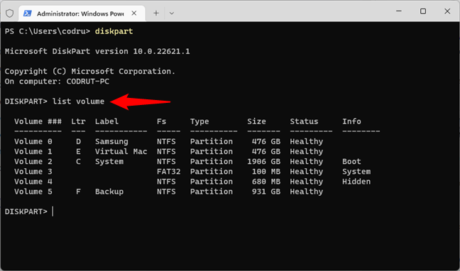 Using DiskPart to list all volumes on all drives