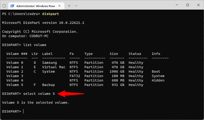 Select the partition to delete in DiskPart