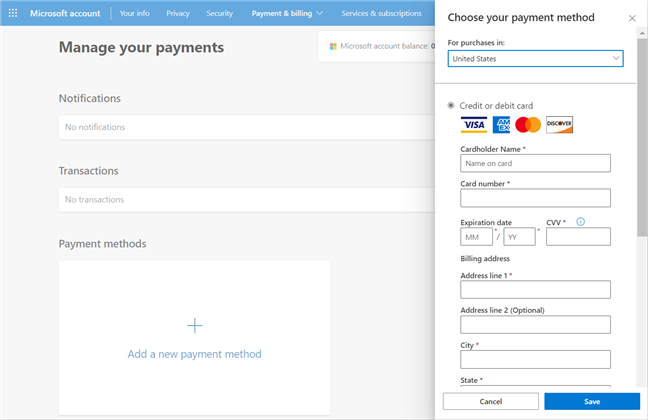 The payment settings page opens in your default browser
