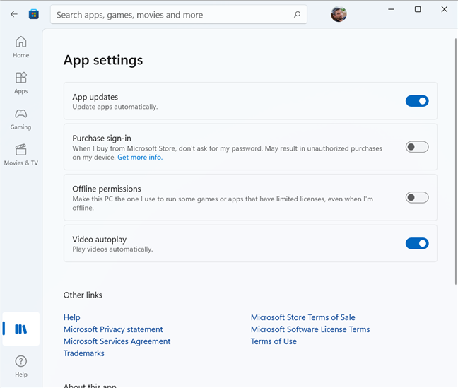 Only a few settings are available for the Microsoft Store app