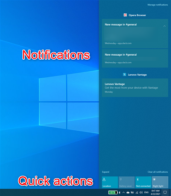 Windows 10's Action Center has Notifications and Quick Actions