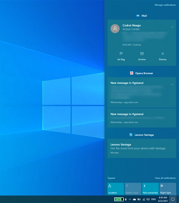 What the Action Center looks like in Windows 10