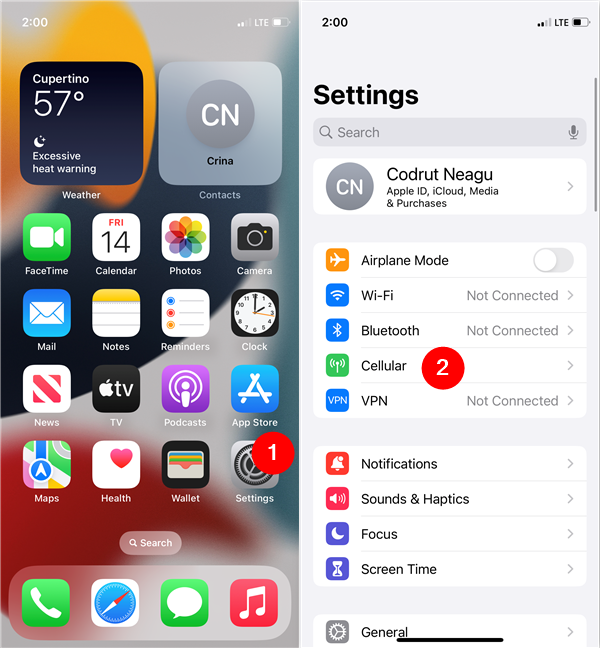 Access the Cellular settings on an iPhone