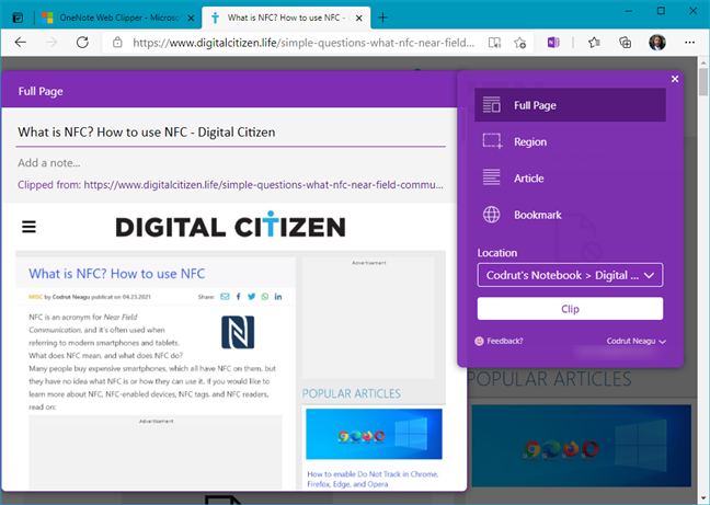 OneNote Web Clipper add-on for Microsoft Edge