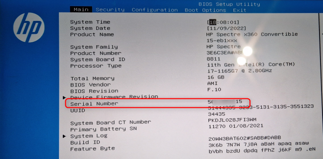 A laptop serial number shown by the BIOS Setup Utility