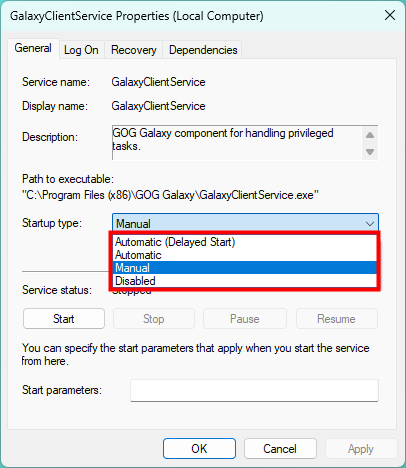 Setting the startup type of a Windows service