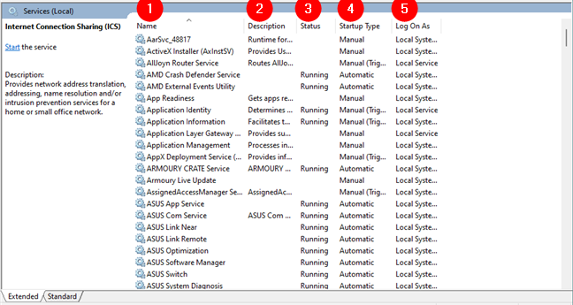 How Windows services are organized in the Services window