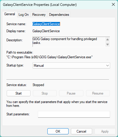 The Properties of a Windows service