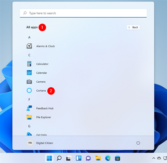 Cortana's shortcut from the Start Menu