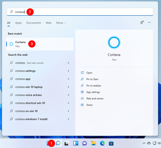 How to open Cortana in Windows 11 using search