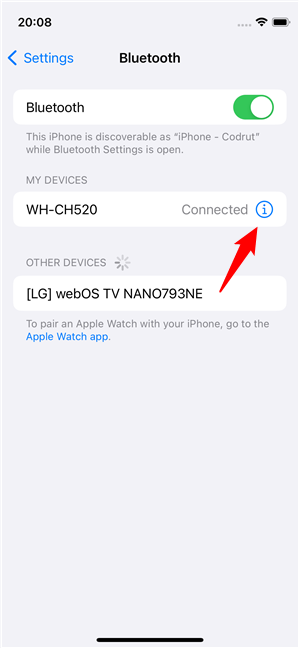 Tap the i button to the right of the Bluetooth device